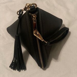Women’s Black Faux Leather Triangle Shaped Tasseled Keychain Wristlet Pre Owned